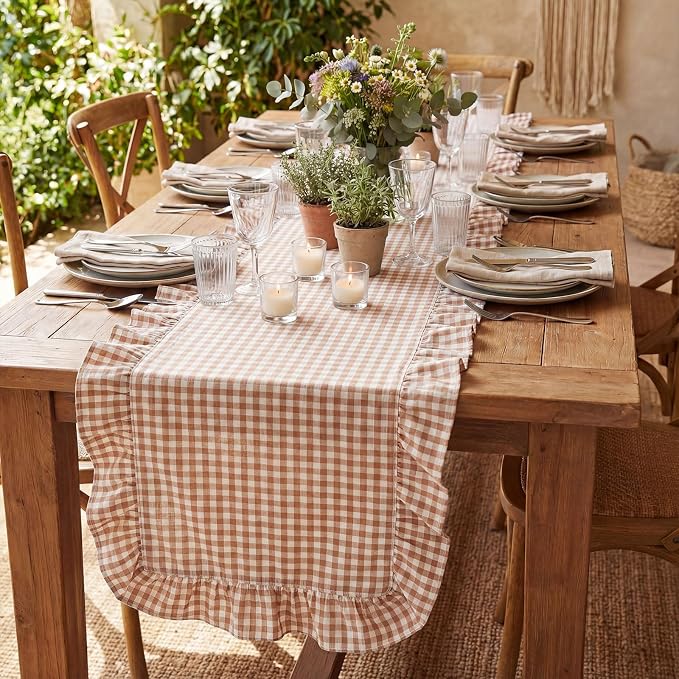 HunnmingRe 1 Pc Gingham Table Runner Brown, 118 X 13.8 Inch | Cotton Dresser - Image 7