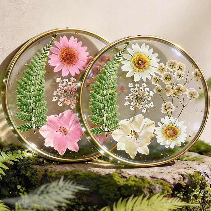 Oqplog Resin Drink Coasters for Desk Coffee Table-Pink&White Dried Flowers by Oqplog