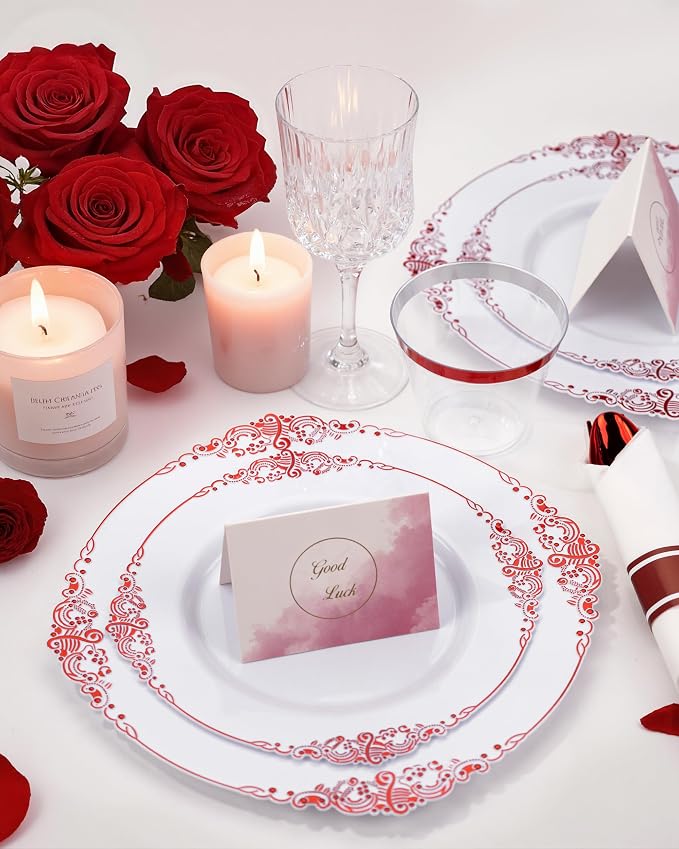 Nervure 350Pcs Red Plastic Plates, Plastic Dinnerware Set - Image 7