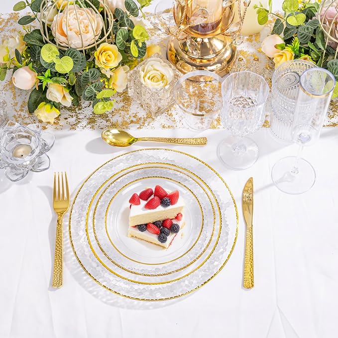 Ciaell 350PCS Clear Plastic Plates with Gold Trim for 50 Guests,Includes 100 Plastic Plates, 50 Pre Rolled Napkins with Gold Silverware, 50 Cups, Disposable Dinnerware Set for Wedding & Party