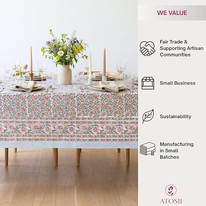 ATOSII Kalina 100% Cotton Fall Rectangle Tablecloth, Handblock Print Floral Table Cloth for Kitchen Dining Linen I Weddings Outdoors Easter Spring Summer I 72 X 108 Inches I 8 Seater