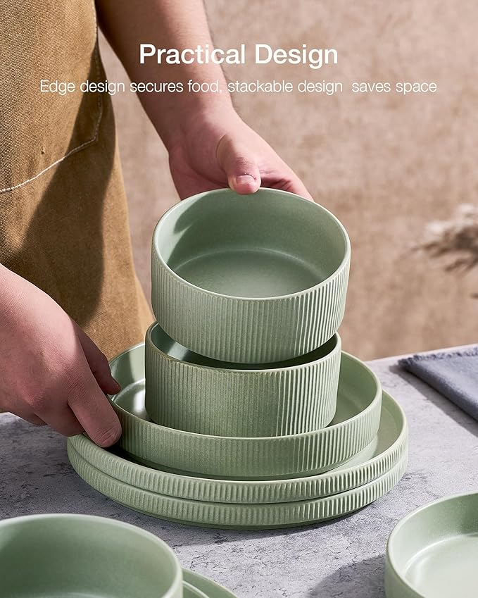 Famiware Star Dinnerware Set with Pasta Bowls, Service for 6 (24 Pieces), Ribbed Stoneware Plates and Double Bowls Sets - Chip & Scratch Resistant, Microwave & Dishwasher Safe Dishes, Matte Sage Green