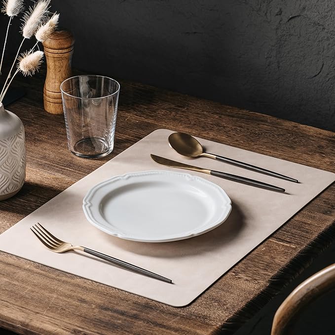 DOLOPL Placemats Set of 12 Reversible Dual-Color Table Placemats –Heat Resistant Wipeable & Washable Place Mats, Luxury Faux Leather Table Mats for Vintage Dining Table Decor (Beige&Light Grey)