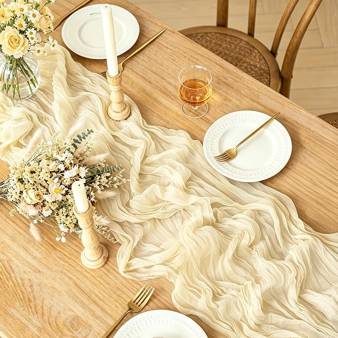 3Pcs Beige Table Runner, 10FT Rustic Cheesecloth Table Runner 35*120inch Boho - Image 2