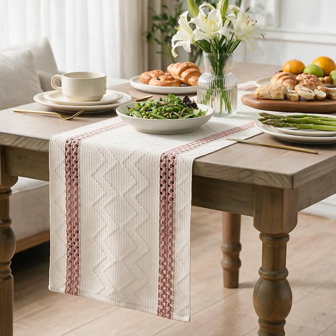 Artoid Mode Pink Stripe Woven Rustic Table Runner 12x72 Inch | Holiday Kitchen - Image 3