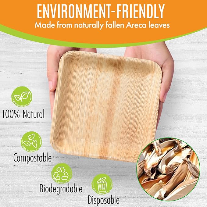 Raj Palm Leaf Plates Bulk [50-Pack] 7" Square Plates(6 CASES - 300 PACK) like Bamboo plates Disposable, Strong, Decorative Compostable Tableware for weddings, Lunch, Dinner, Birthday, Camping