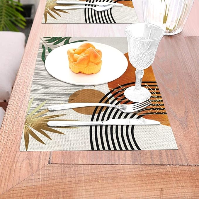 Mid Century Placemats 12x18 Inches Set of 4, Modern Boho Green Orange Tropical Leaf Decorative Rectangle Table Mats for Party, Home Kitchen,Dining Table Decoration