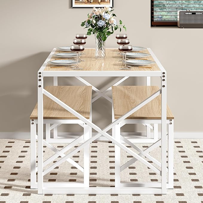 VECELO Kitchen Dining Table Set for 4 to 6, 55" Wood Dinette 2 Benches with Metal Frame for Dinner Breakfast Nook and Small Space, Oak