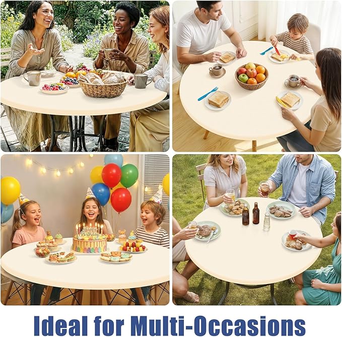 Round Spandex Tablecloth 2 Pack, Elastic Fitted Waterproof Tablecloths for 57"-68" Tables, Stretch Washable Picnic Table Cover for Camping, Dining, Indoor and Outdoor, Beige