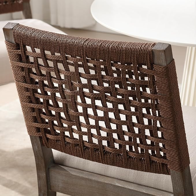 Farmhouse Dining Chairs Set of 4 Linen Fabric Upholstered Accent Side Chair, Mid Century Modern Kitchen & Dining Room Chairs with Woven Rope Back for Home, Living Room, Bedroom - Beige