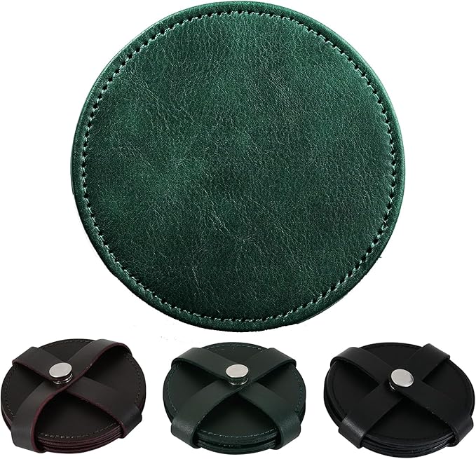Genuine Leather, Premium Table Coasters by Leatherific, Round, 4 inch, Set of 6, with Holster, Handcrafted, Hand Made, Non Slip Drink Mats, Green (Forest Green, 4")
