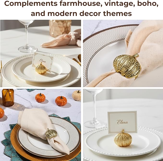 CLEENTABLE Napkin Rings Set of 12 - Pumpkin Elegant Napkin Holders Modern Serviette Buckles Metallic Adornment for Table Settings for Thanksgiving, Fall, Halloween & Holiday (Antique Gold)