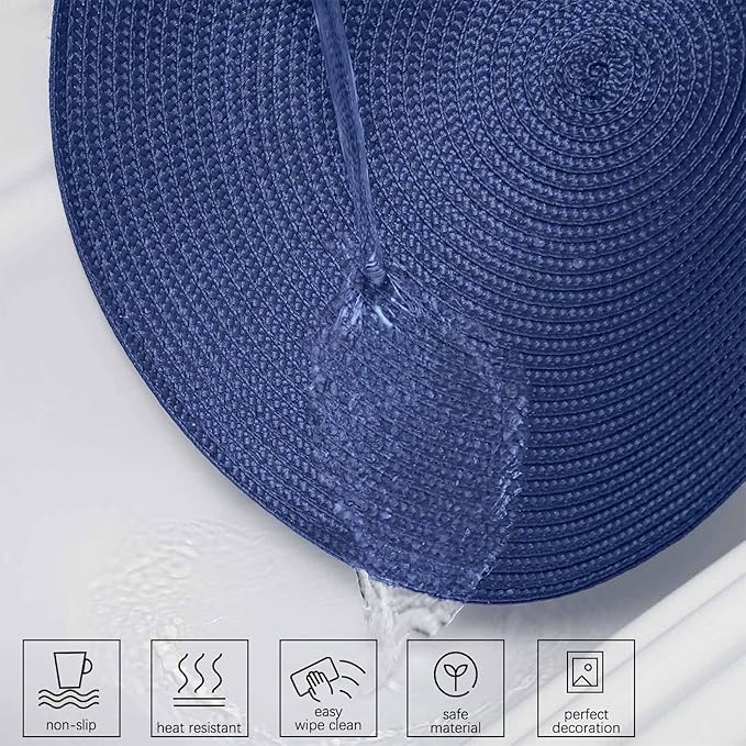 AHHFSMEI Round Braided Placemats 15 Inch Round Table Mats for Dining Tables Natural Woven Heat Resistant Place mats Set of 6 (Navy Blue)