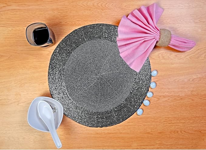 Lightnpro Beaded Placemats Set of 4 - Round Table Chargers - Handmade Rustic Glam Dining Table Mats - Elegant Silver Decorative Placemats for Holidays, Parties & Special Events - 13 Inch Mercury