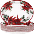 50 Pcs Christmas Oval Plates 10" x 12" Large Disposable 400 GSM Heavy Duty Red Poinsettia Floral Paper Dessert Plates Christmas Birthday Party Decorations for Festive Xmas Theme Dinner Party Supplies