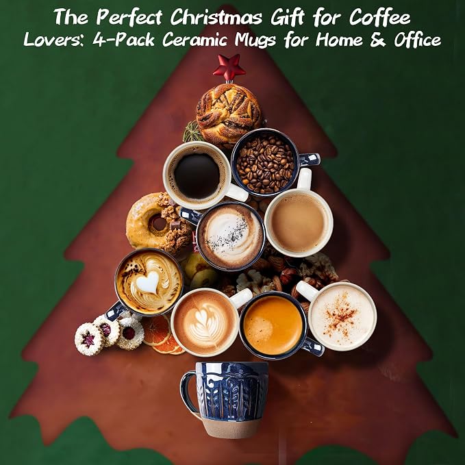 Artena Ceramic Coffee Mugs Set of 4, 16oz Embossed Large Latte Mugs Coffee Cups - Image 4