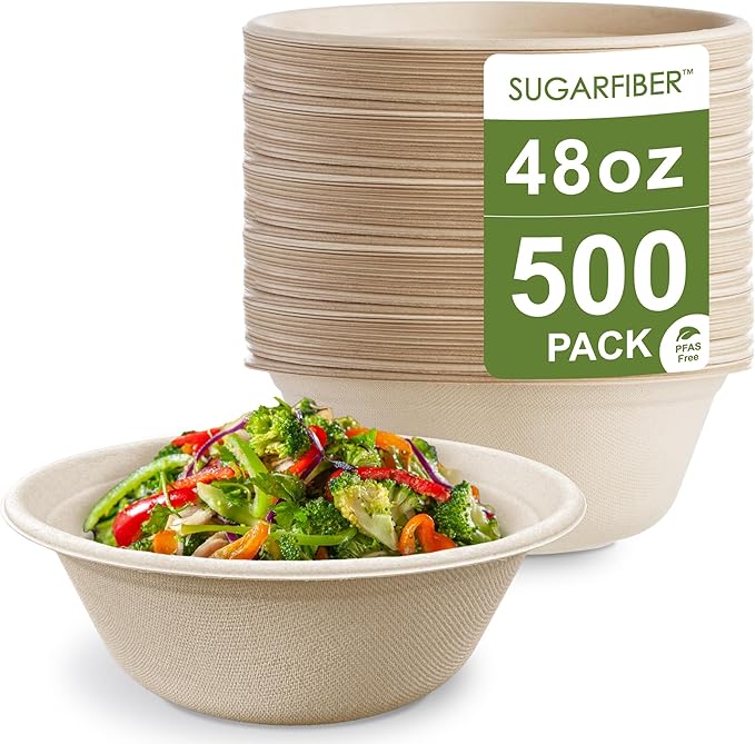 [500 COUNT]Harvest Pack PFAS FREE 48oz Round Compostable Bowls, Heavy-Duty Eco-Friendly Disposable Bagasse Large Soup Paper Bowls, sugarcane made for Meal Prep Takeout Dinnerware, Microwave Safe
