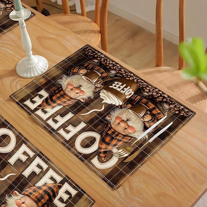 Coffee Gnomes Placemats Set of 4, Cafe Station Table Mats, Washable Place Mats for Coffee Bar Home Party Indoor Kitchen Dining Table Decor 12x18 Inch