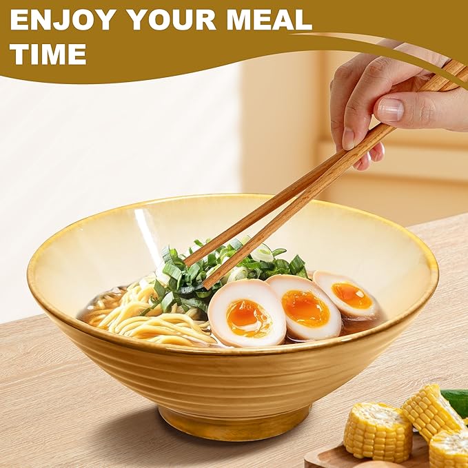 8-Inch 4 Sets Ceramic Ramen Bowl (16 Piece) - Japanese Porcelain Dishwasher Microwave Safe Salad Noodles Cereal Pasta Soup Large Bowls with Chopsticks Forks Spoons for Men Women Housewarming Gift