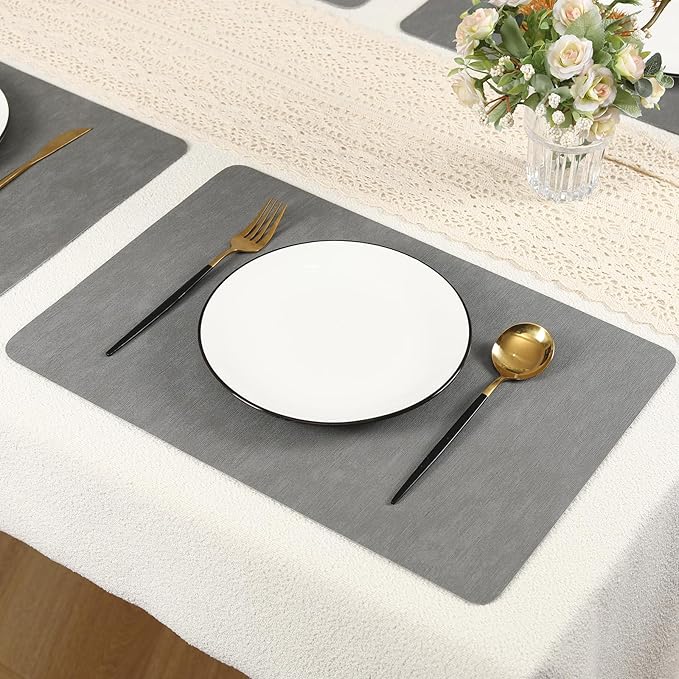 Gray Reversible Faux Leather Placemats – Set of 6 Waterproof, Heat-Resistant & Easy-to-Clean Table Mats for Modern Dining