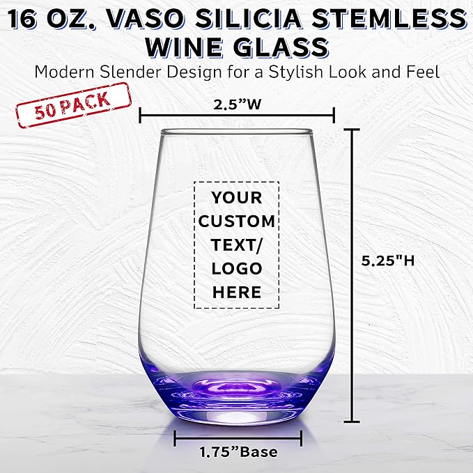 DISCOUNT PROMOS 50 Vaso Silicia Stemless Wine Glasses Set, 16 oz. - Personalized Text, Logo - Clear, Orb-Like, Thick base - Purple