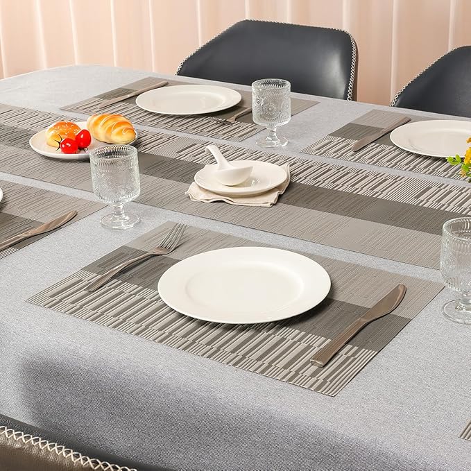 Placemats Set of 4, Vinyl Woven Place Mats Indoor Set of 4 Washable Wipeable PVC Table Mats Heat-Resistant Non Slip Placemat for Kitchen Dining Outdoor Table (Gray Dark Gray, Set of 4)