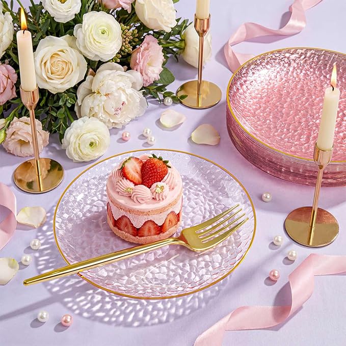 Rubtlamp 200Pcs Plastic Pink Dessert Plates with Disposable Gold Forks,Heavy Duty Pink Hammered Salad Platos, Gold Small Platos,Fancy Appetizer Plates for Mother's Day
