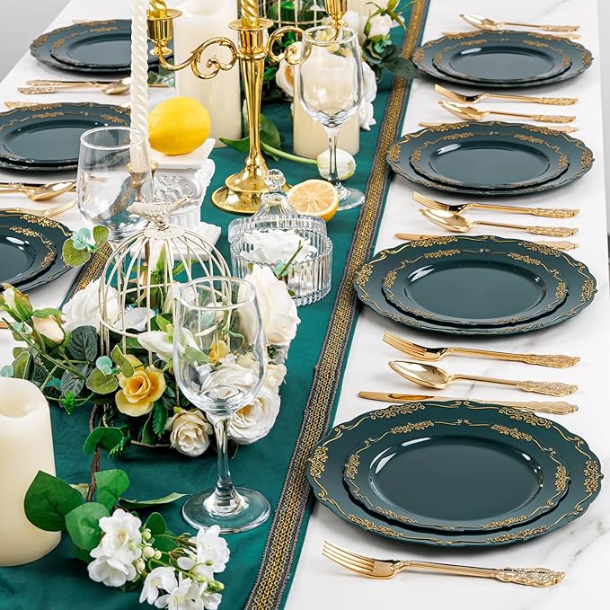 DaYammi 150Pcs Green Plastic Plates with Gold Silverware,Green Disposable Plates for Party include 30 Dinner Plate,30 Dessert Plate,90 Gold Plastic Cutlery,green gold plate for St. Patrick's Day Party
