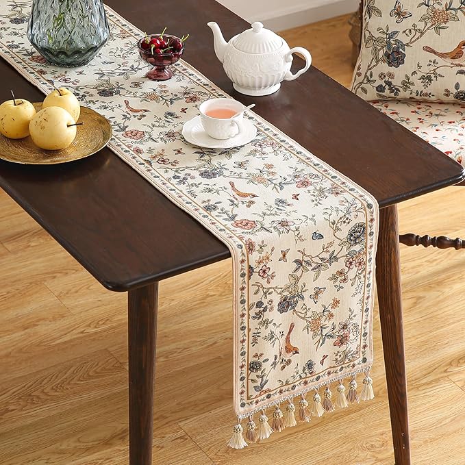 Designer French Linen Extra Long Table Runner, Floral Bird Pattern, Dining Table - Image 2