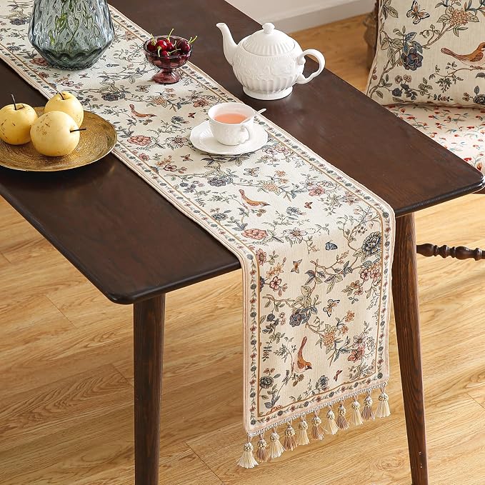 Designer French Linen Long Table Runner, Floral Bird Pattern, Dining Table - Image 2