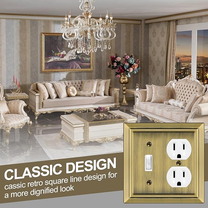 Metal Wall Plate for Electrical Outlets, Decorative Antique Brass Switch Plates Outlet Cover, Light Switch Cover Plate, 2-Gang Wall Plates (Toggle/Duplex, 2 Pack)
