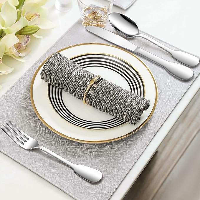 18/10 Silverware Set, E-far 60-Piece Stainless Steel Flatware Cutlery Set Service for 12, Metal Tableware Eating Utensil Sets for Home/Restaurant/Wedding, Elegant & Classic Style - Dishwasher Safe