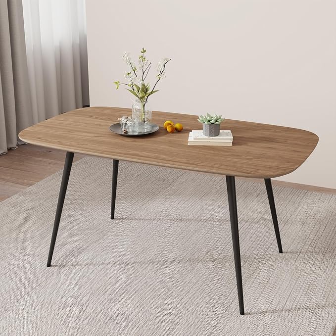 47.2'' Modern Farmhouse Dining Table, Wooden Rectangular Dining Table with Metal Legs for 4-6 People for Dining Room, Kitchen, Living Room (Walnut Color Table, 47.2")
