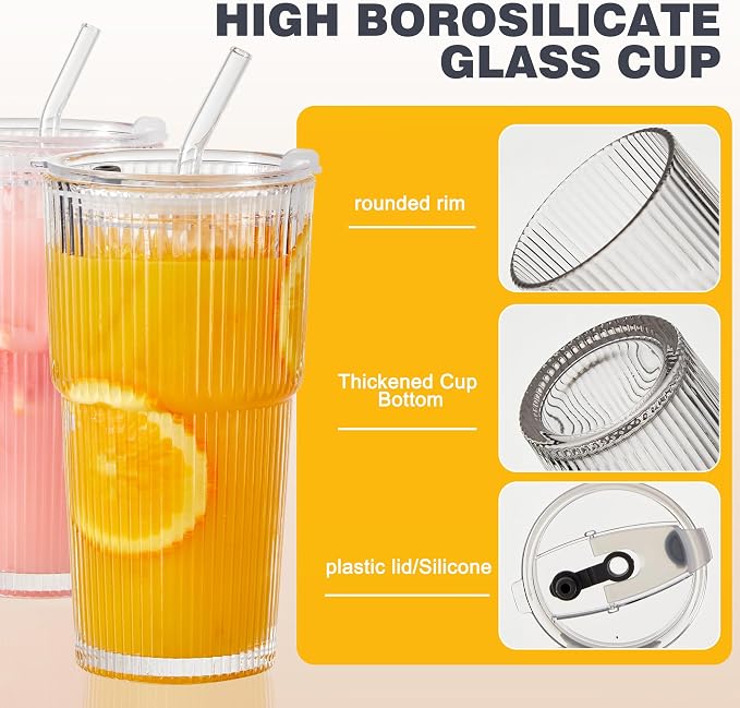Wells 20oz Glass Cups with Lids and Straws, Ribbed Iced Coffee Cups, Thickened - Image 8
