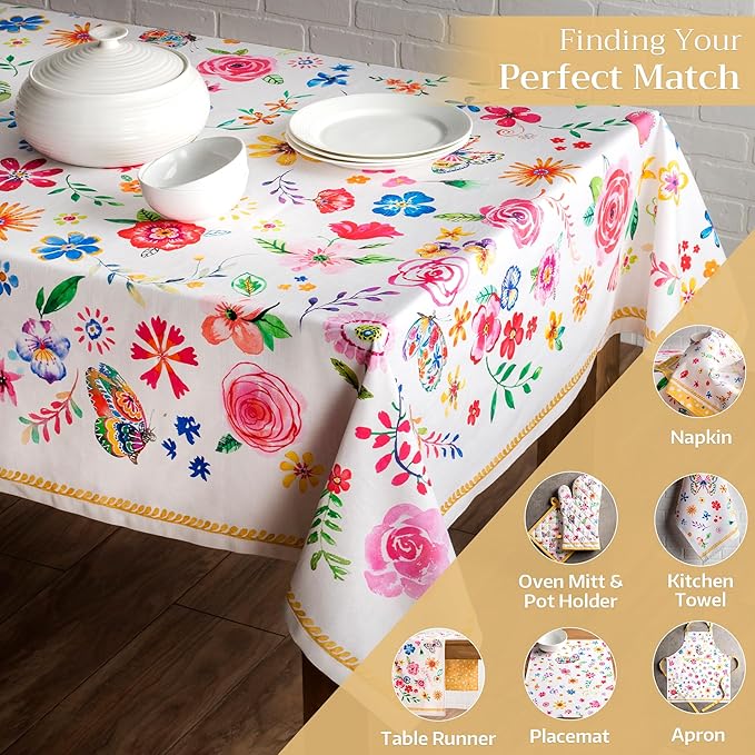 Maison d' Hermine Table Cloth Rectangle Table 100% Cotton 70 x 90 Inches Tablecloth Reusable Decorative for Dining Room Farmhouse Home Valentines Day Decorations Spring Summer - Happy Florals - Sweety