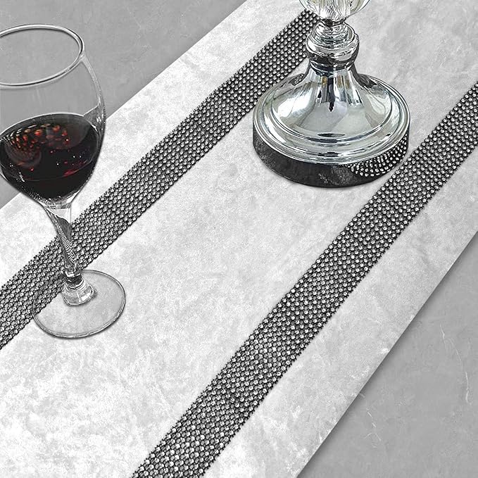 Elegant Sequin Rhinestone Creamy White Table Runner, Ombre Velvet, Double-Layer - Image 3