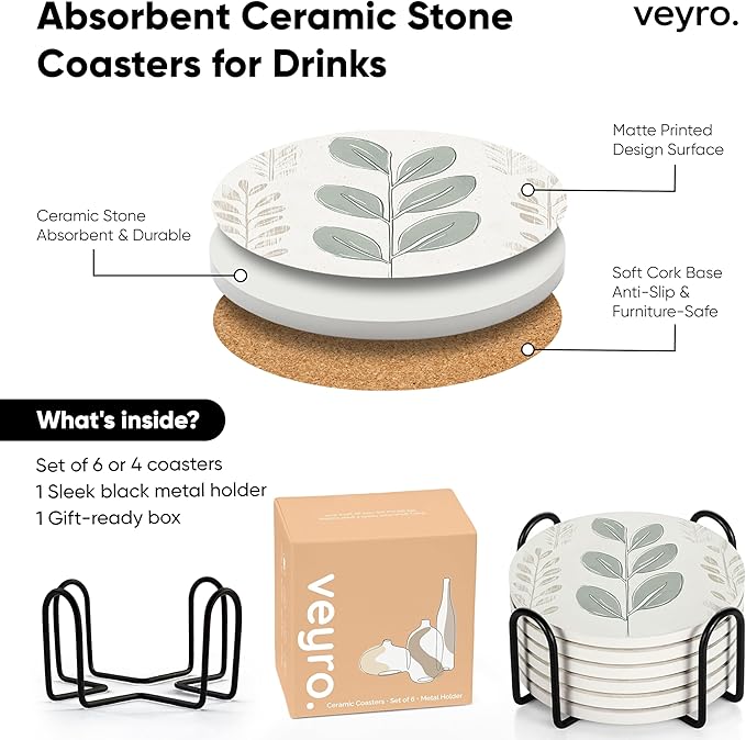 VEYRO Ceramic Coasters Set of 6 – Absorbent Stone Drink Coasters - Image 6