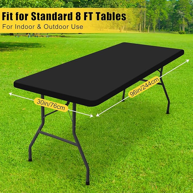 Smiry Rectangle Tablecloth, Elastic Fitted Flannel Backed Vinyl Tablecloths for 8ft Folding Tables, Waterproof Wipeable Table Covers for Indoor, Outdoor, Picnic and Camping (Black, 30"x96")