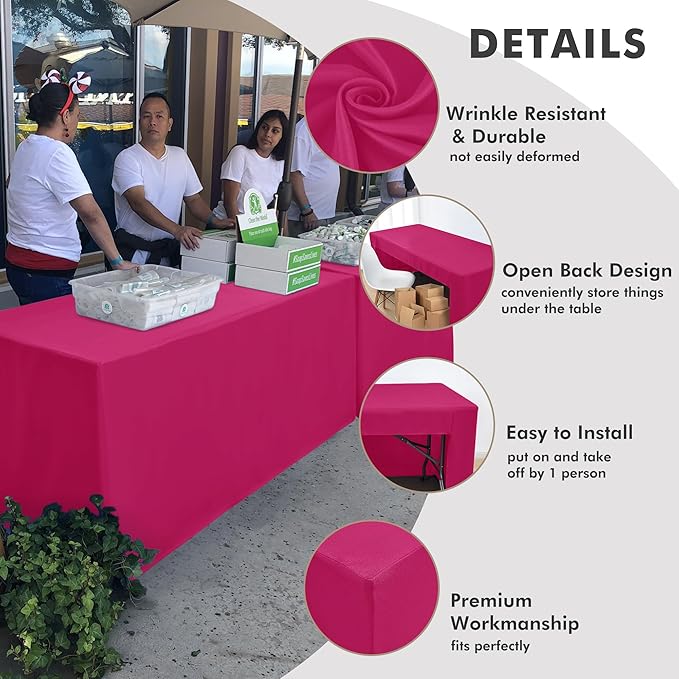 Nasitos 2 Pcs 8 foot Tablecloth Fitted Fuchsia Trade Show Table Covers - Open Back Tablecloth Washable Fabric Table Cloth for Rectangular Table, Parties, Craft Show, Baby Shower, Events, Vendor Booth