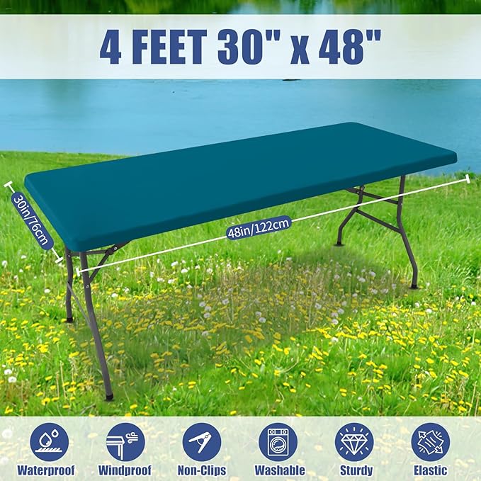 Spandex 4 Foot Rectangle Table Cloth 2 Pack, Elastic Fitted Tablecloths for Picnic, Stretch Washable Patio Table Cover for Outdoor, Camping, Banquet and Parties (Peacock Blue, 30"x48")