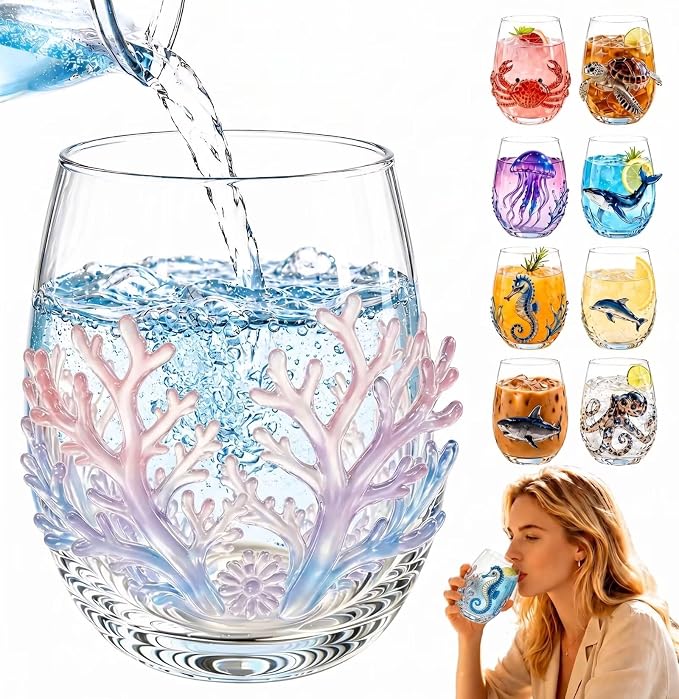 Coral Reef 3D Ocean Glassware, Unique Embossed Wine Glass Tumbler | Artisanal by Unknown