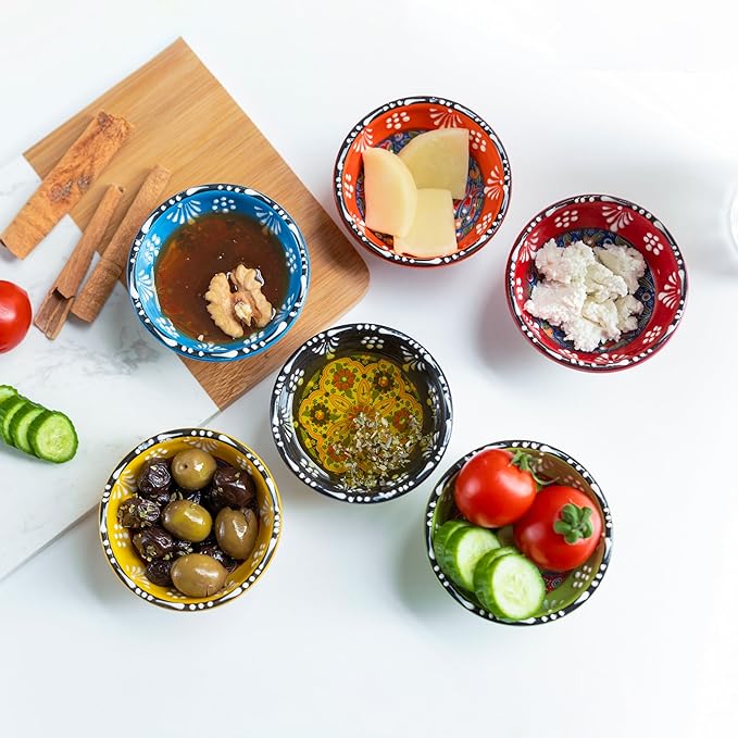 Ceramic Small Dipping Bowls Set of 6, 3.5 Oz Soy Sauce Dish, Handmade Charcuterie, Colorful Pinch, Dishwasher & Microwave Safe, 3.2'' Mini (FLOWER BLOOM)