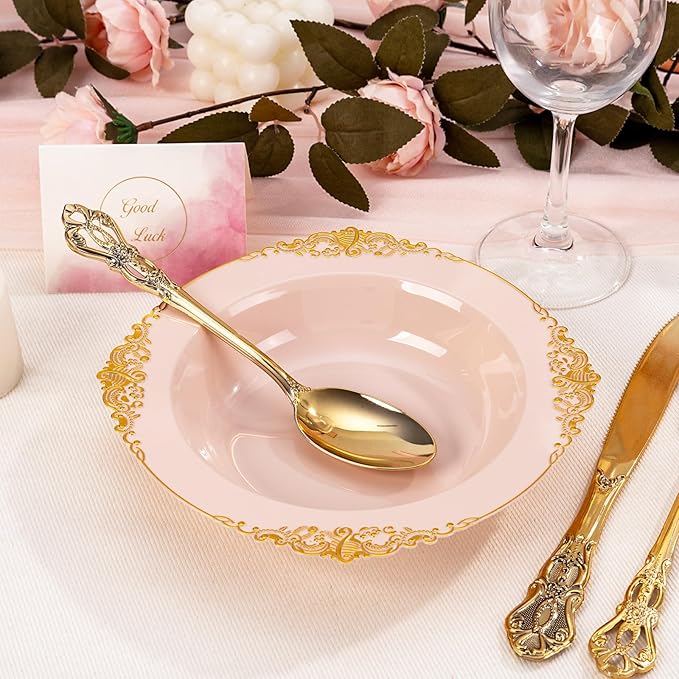 100PCS Pink Plastic Bowls - 12 oz Pink Gold Disposable Salad Bowls - Heavy Duty Disposable Soup Bowl - Fancy Plastic Ice Cream Bowl for Weddings Valentine's Day Parties Dinners Picnics