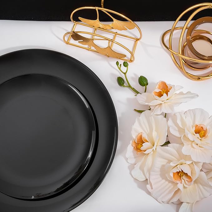 I00000 200 PCS Black Plastic Plates for 100 Guests Include: 10.25 inch 100 Pieces Dinner Plate and 7.5 inch 100 Pieces Dessert Plate, Premium Plastic Plates Perfect for Birthday, Wedding & Party