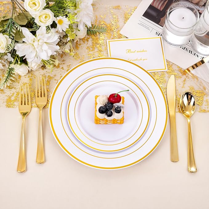 bUCLA 300PCS Gold Disposable Dinnerware Set - White and Gold Plastic Plates - Include 50 Each (Dinner&Dessert) Plates,50 Knives,50 Forks,50 Spoons,50 Cups for Party