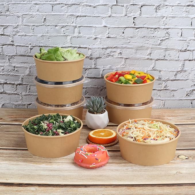 25 oz Disposable Kraft salad paper bowls with lids, Food containers Soup Bowls Party Supplies Treat Bowls 50 Pack