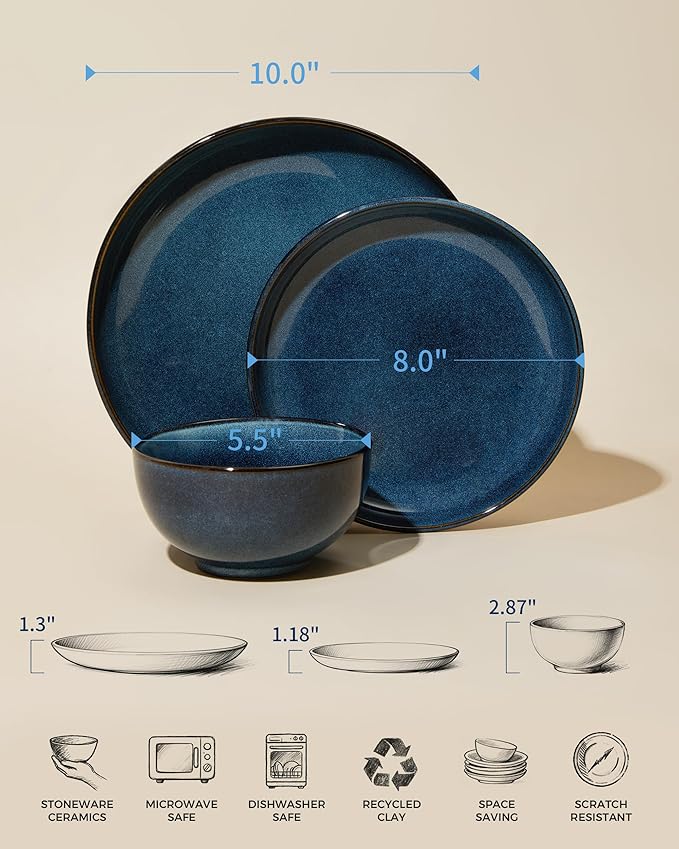 Stoneware Dinnerware Sets Service for 4, 12 pcs Reactive Glaze Plates and Bowls Sets, Handmade Ceramic Dish Set, Highly Chip and Crack Resistant Modern Plate Set, Starry Blue