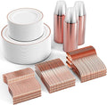 FOCUSLINE 600 Ct Rose Gold Dinnerware Set for 100 Guests - Rose Gold Rimmed Disposable Plastic Plates, Includes 100 Dinner & Salad Plates, Cups, Cutlery Set for Wedding Parties