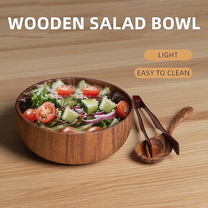 Salad Bowls, Wooden Salad Bowls Set, Large Acacia Wood Serving Bowl for Soup， Fruits，Popcorn，Big Salad Bowl with Serving Utensils（Includes a Spoon And a Pair Of Tongs.）