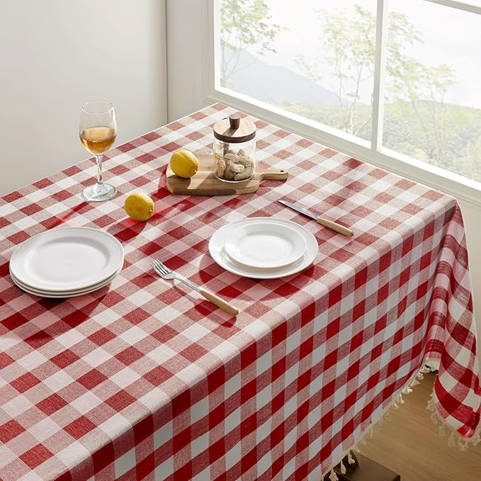 Softalker Checkered Tablecloth Rectangle, Outdoor Linen Cotton Gingham Table Cloth with Tassel, Heavy Duty Wrinkle Free Buffalo Plaid Table Cover for Kitchen Dining Home Party - 55 x 70 Inch, Red